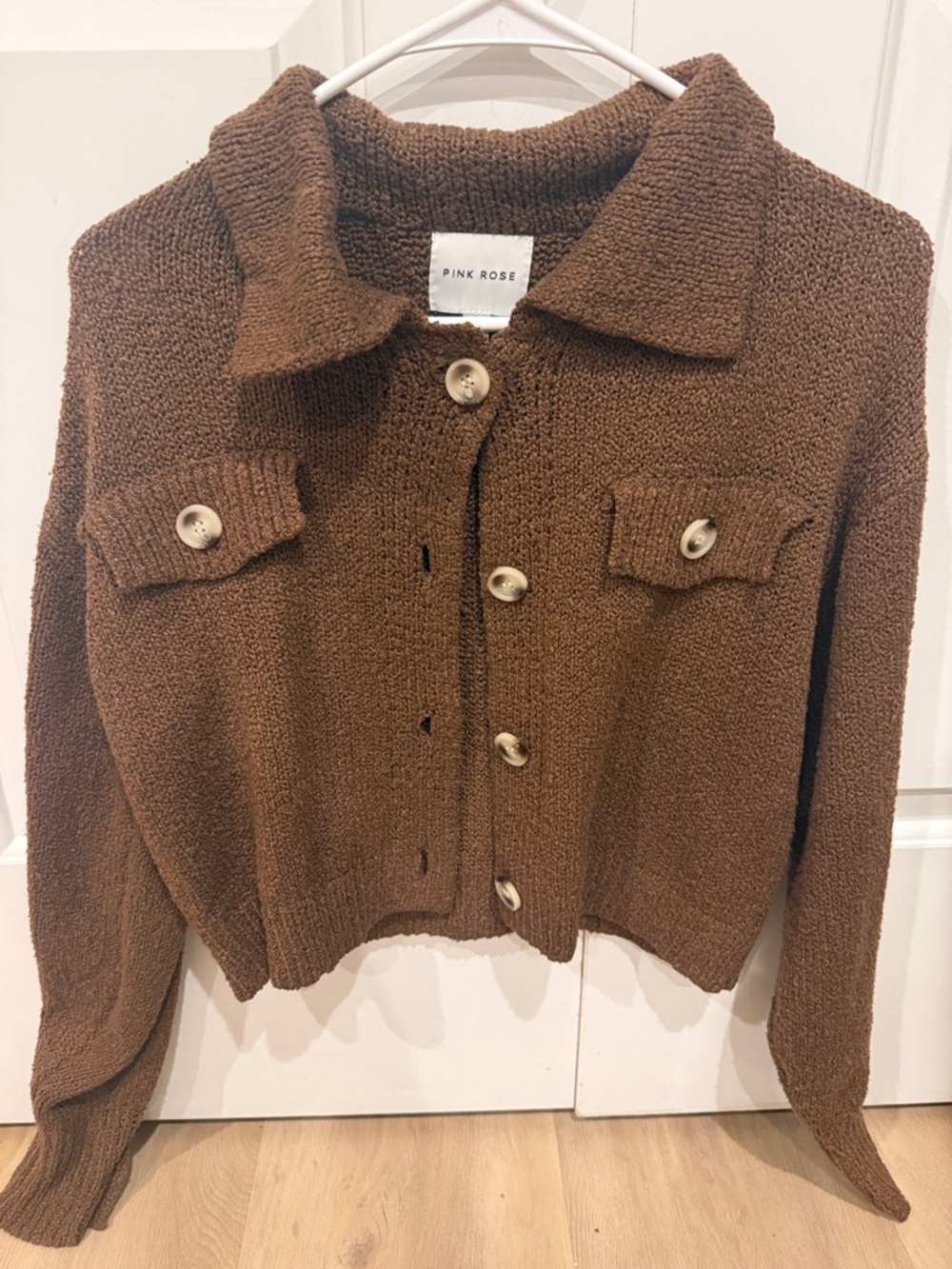 Pink Rose Chest-Pocket Knit Shacket in Brown